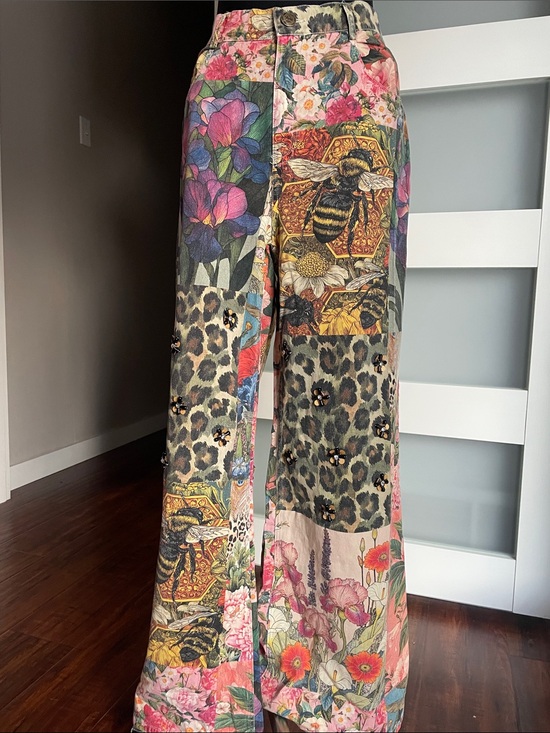 A Rare Bird Denim - Floral & Leopard Patchwork Wide Leg Jeans - Multicolor